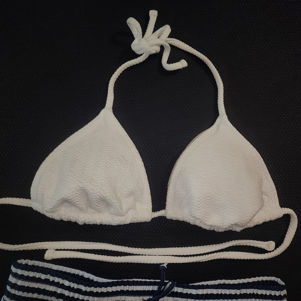 Like new White Bikini top & Navy and White Stripe Swim Shorts. Women's Small. - Picture 2 of 8